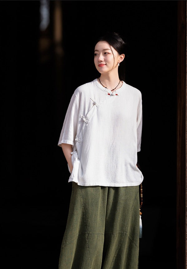 Vintage Stand Collar Short Sleeve Linen Shirt