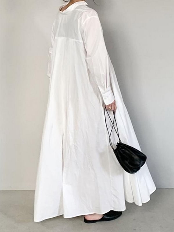 Solid Color Loose Long Sleeves Lapel Maxi Shirt Dresses