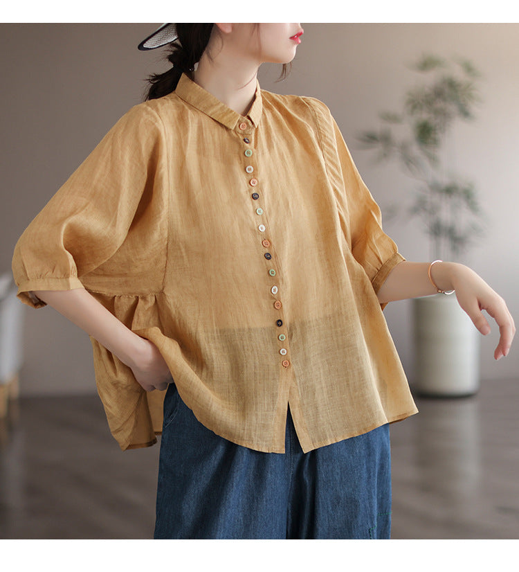 Literary Solid Color Lapel Bat Sleeve Shirt