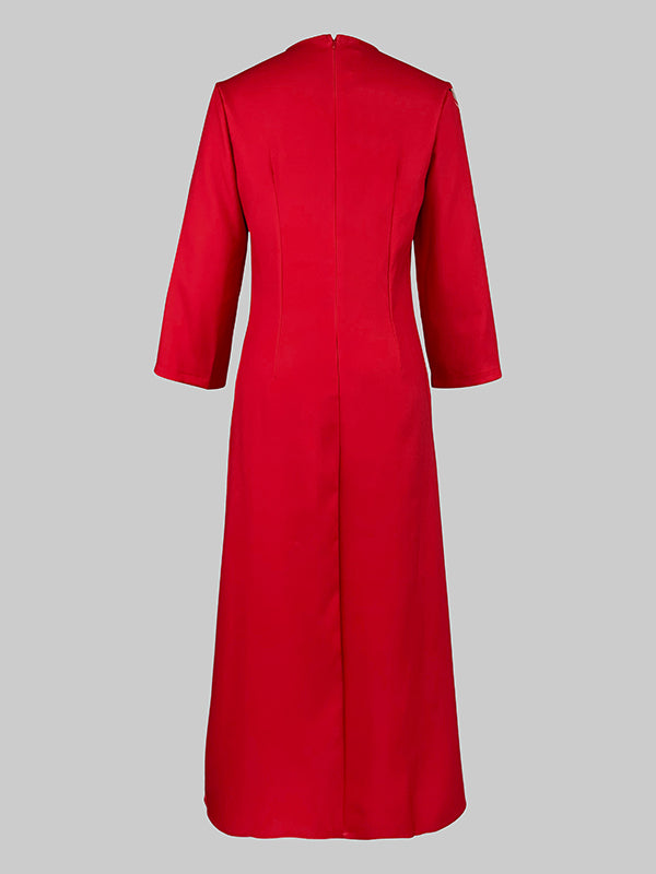 Loose Three-Quarter Sleeves Contrast Color Flower Print Round-Neck Midi Dresses