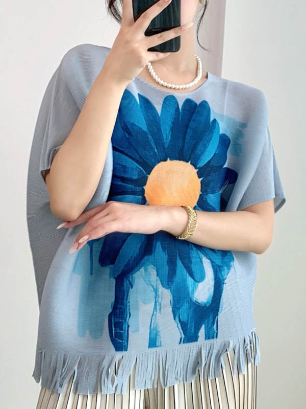 Batwing Sleeves Loose Flower Print Pleated Tasseled Round-Neck T-Shirts Tops