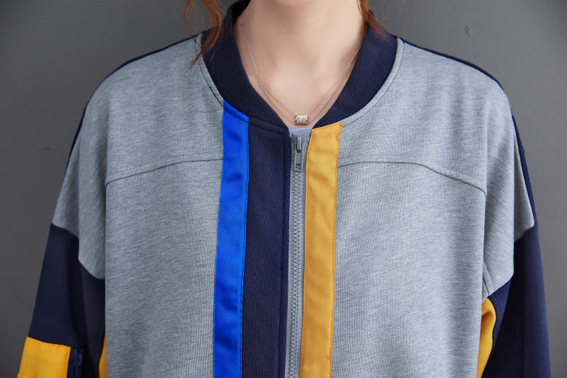 Casual Color Blocking Round Neck Long Sleeve Baseball Jacket
