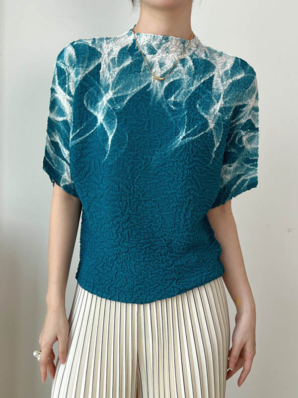 Loose Short Sleeves Contrast Color Pleated Printed Mock Neck T-Shirts Tops