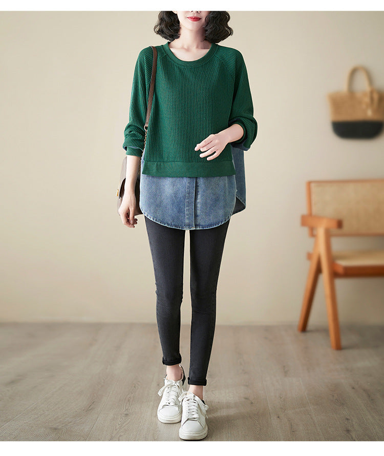 Loose Splicing Round Neck Long Sleeve Fake Two Pieces Sweater