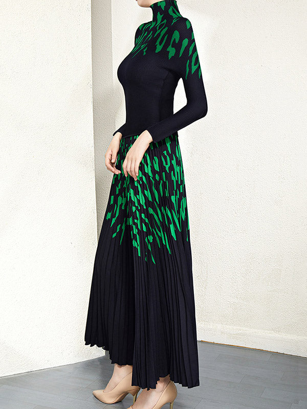 Long Sleeves Printed Mock Neck T-Shirt Top + Pleated A-Line Skirts Bottom Two Pieces Set