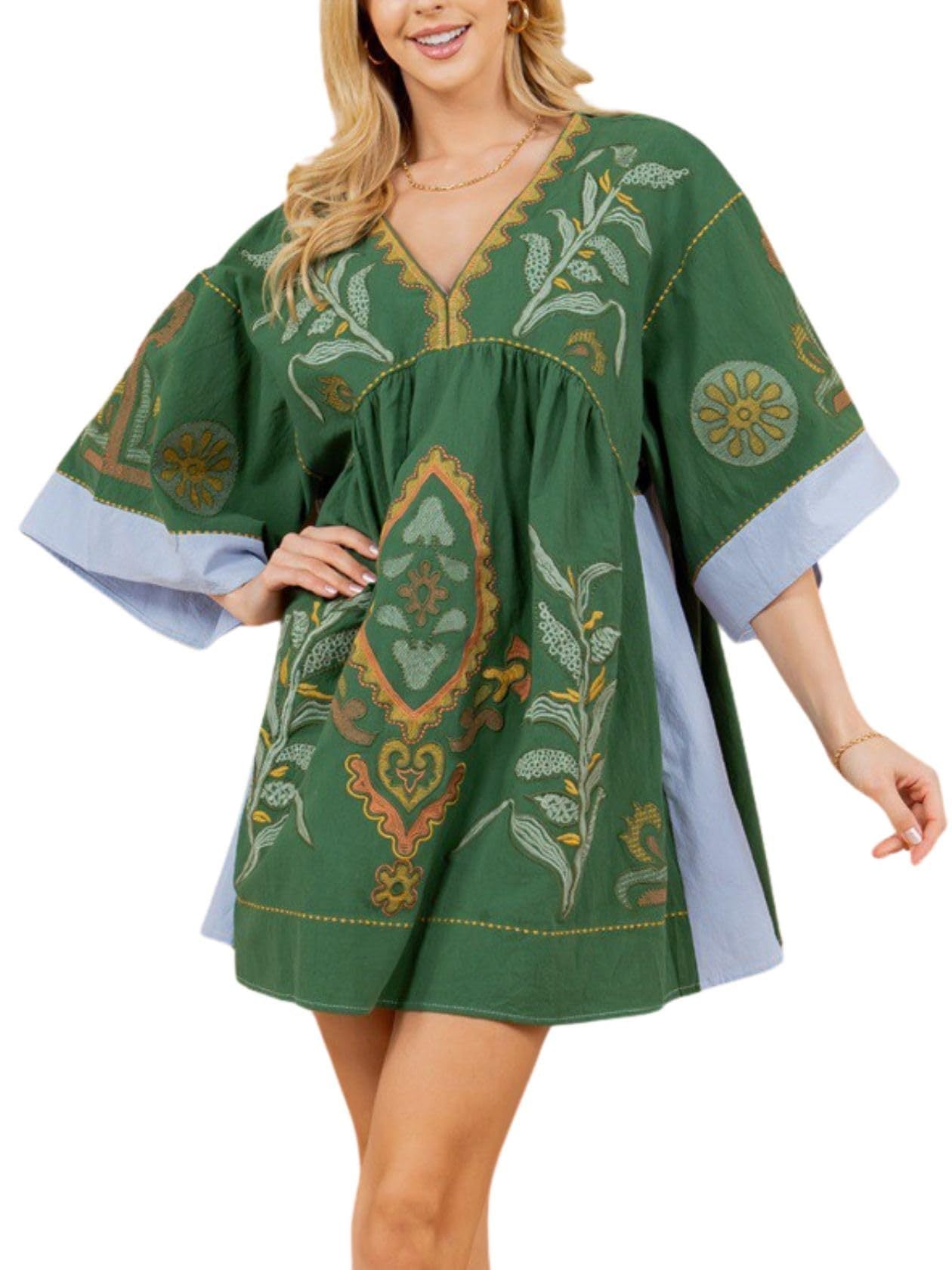 🌸Women's  V-Neck 3/4 Sleeves Loose Fit Vintage Embroidered Dress(Buy 2 Free Shipping)