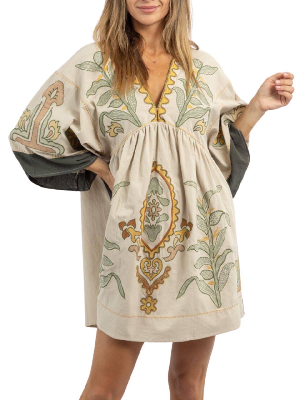 🌸Women's  V-Neck 3/4 Sleeves Loose Fit Vintage Embroidered Dress(Buy 2 Free Shipping)