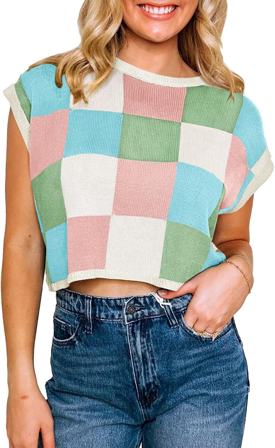 Women's Checkerboard Short Sleeve Color Block Knit Sweater(Buy 2 Free Shipping)