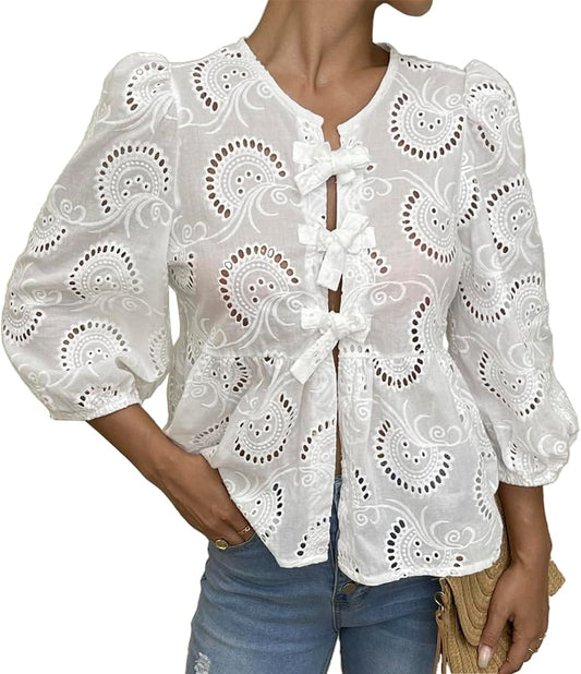 Women's Lace 3/4 Length Puff Sleeve Peplum Tops (Buy 2 Free Shipping)