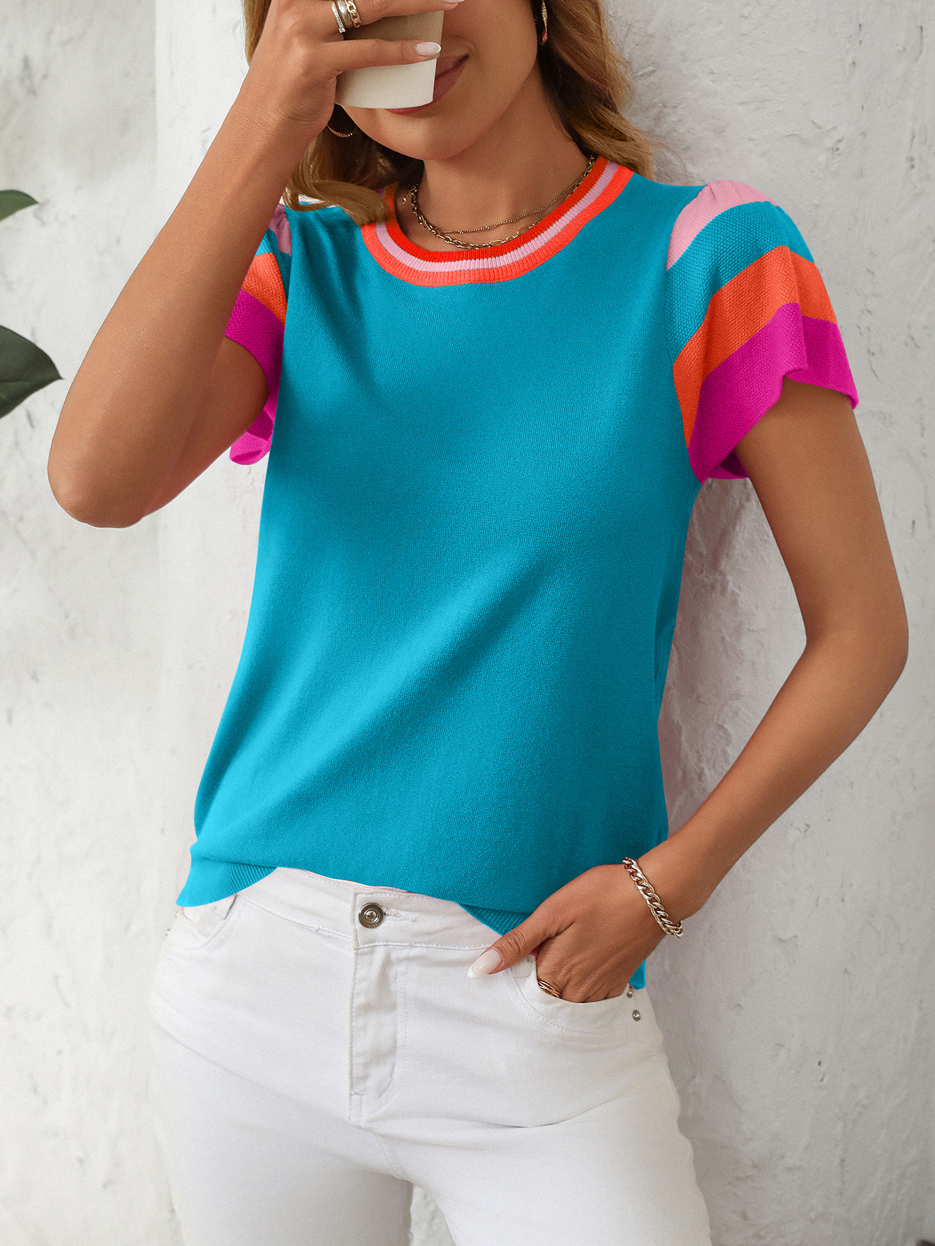 Women's Crew-neck Knitted Top Color Sweet Short-sleeved Sweater(Buy 2 Free Shipping)