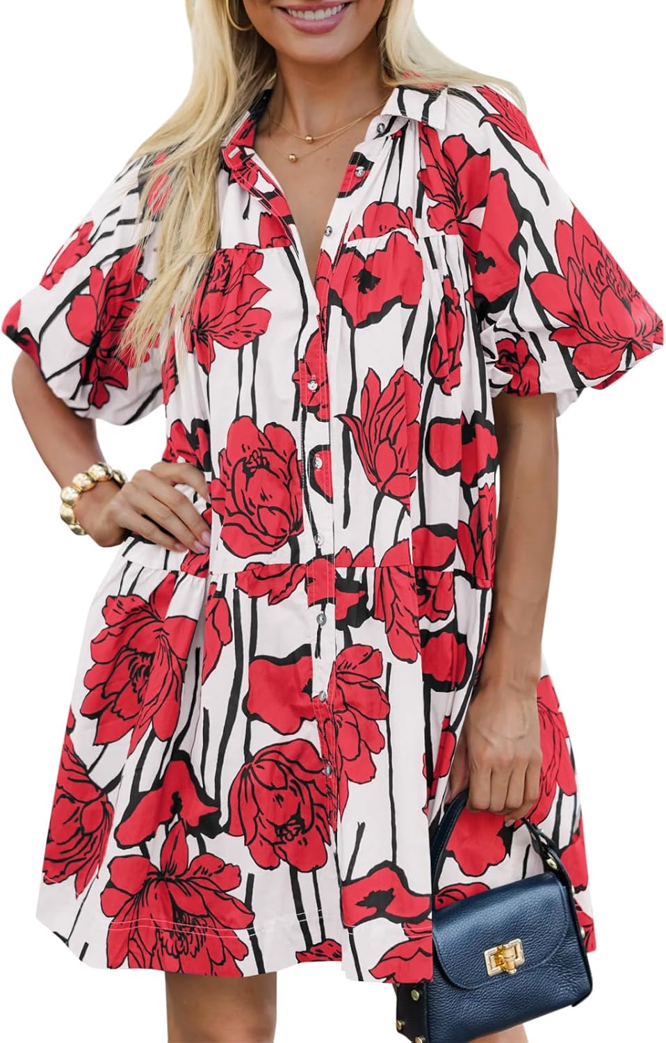 🌸Women's Casual Button Down Floral Puff Sleeve Shirt Dress(Buy 2 Free Shipping)