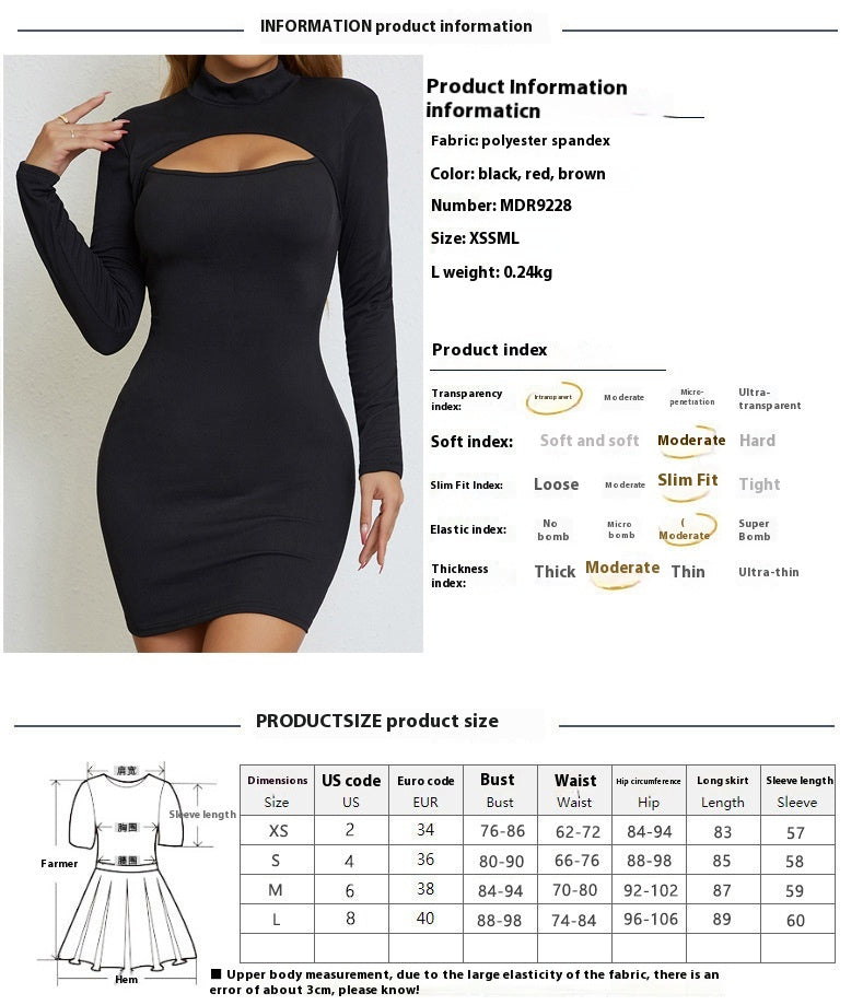 Sexy Chest hollow out long sleeve dress women solid color slim fit dress