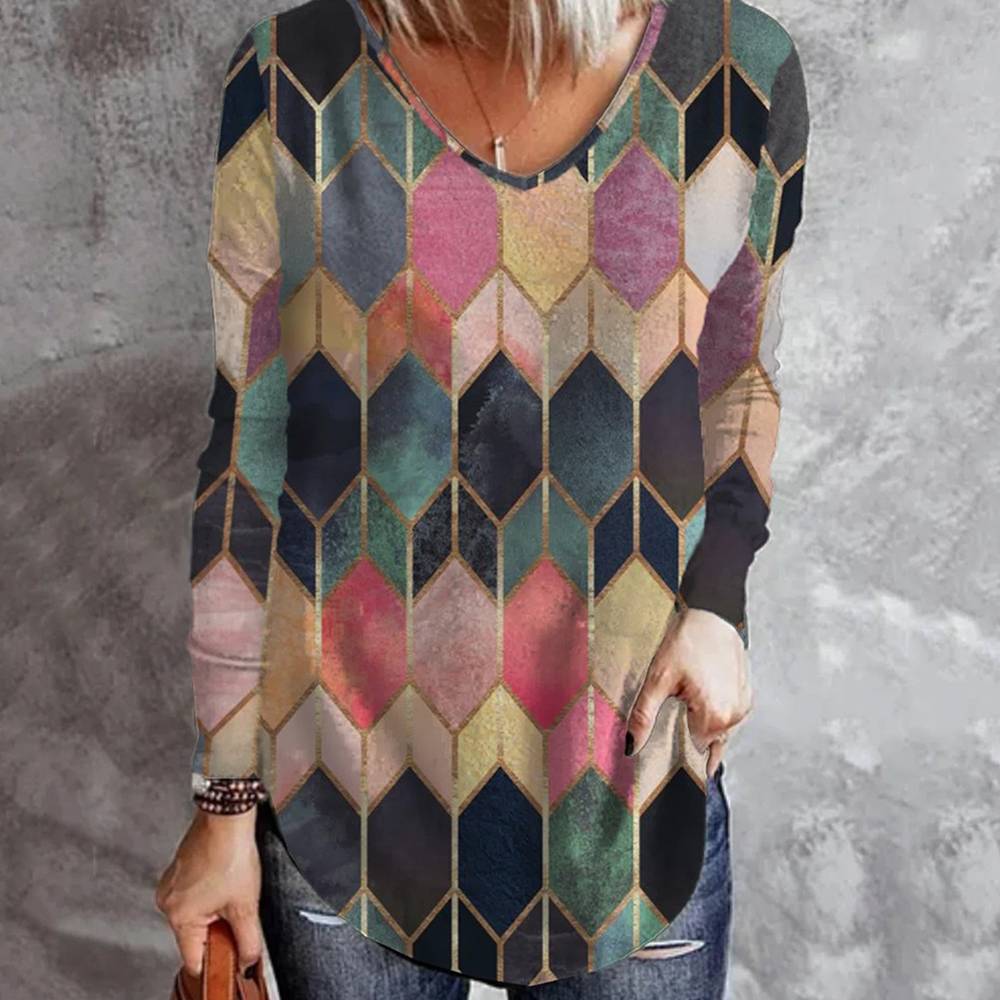 Mid-Length Nine Points Sleeve Geometric Loose Women's T-Shirt