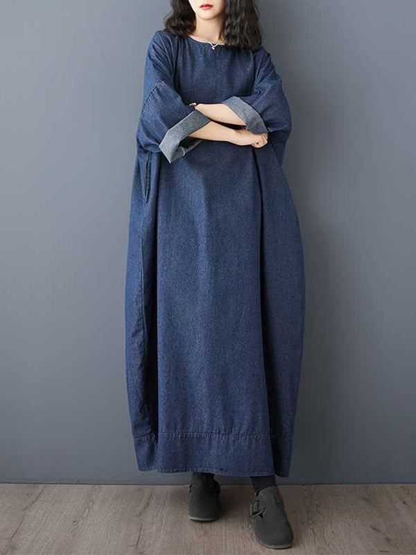 Long Sleeves Loose Solid Color Round-neck Midi Dresses