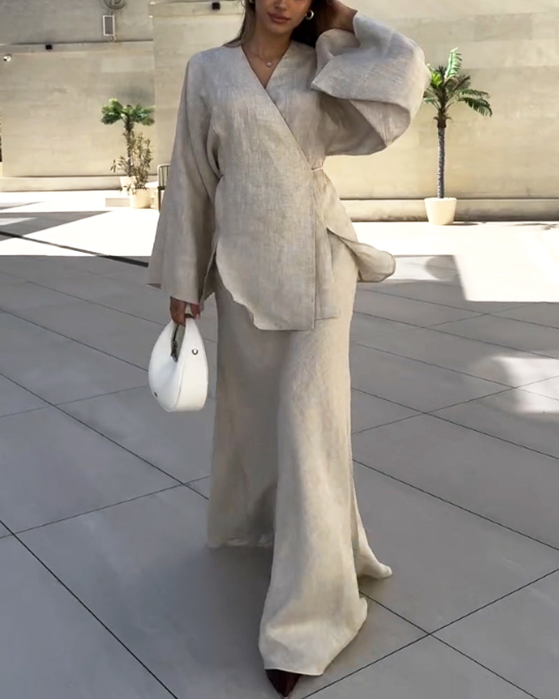 Casual V-Neck Split Shirt & Skirt Two-Piece Set