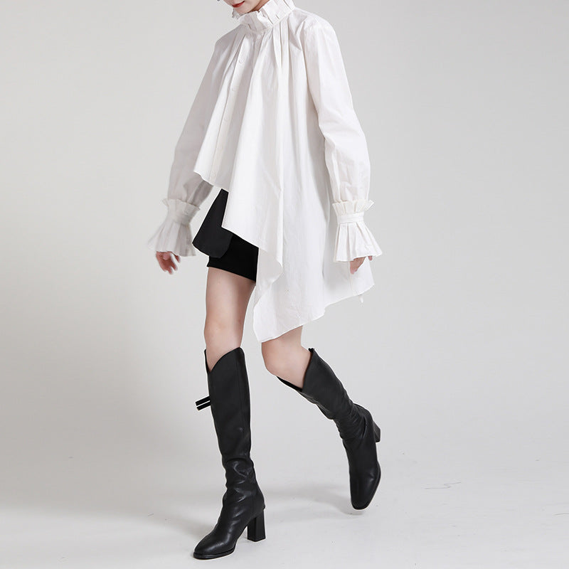 Irregular Solid Color Stand Collar Long Sleeve Shirt
