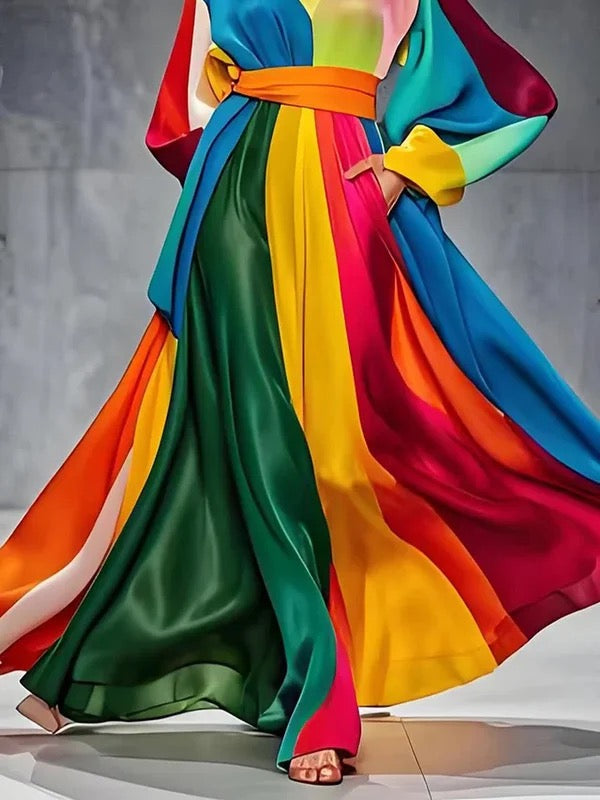 A-Line Long Sleeves Colorful Contrast Color Pockets Tied Waist Round-Neck Maxi Dresses