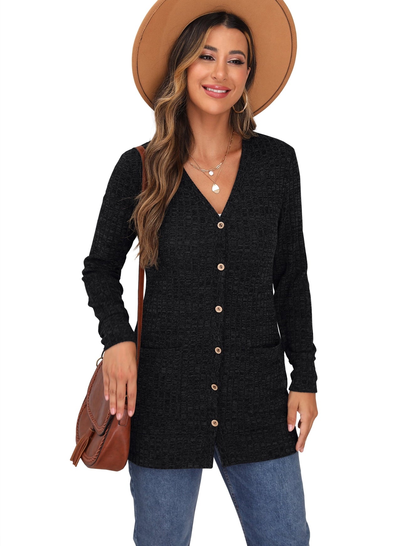 Open Front Black Cardigan for Women Button Down Long Sleeve Outerwear with Pocket