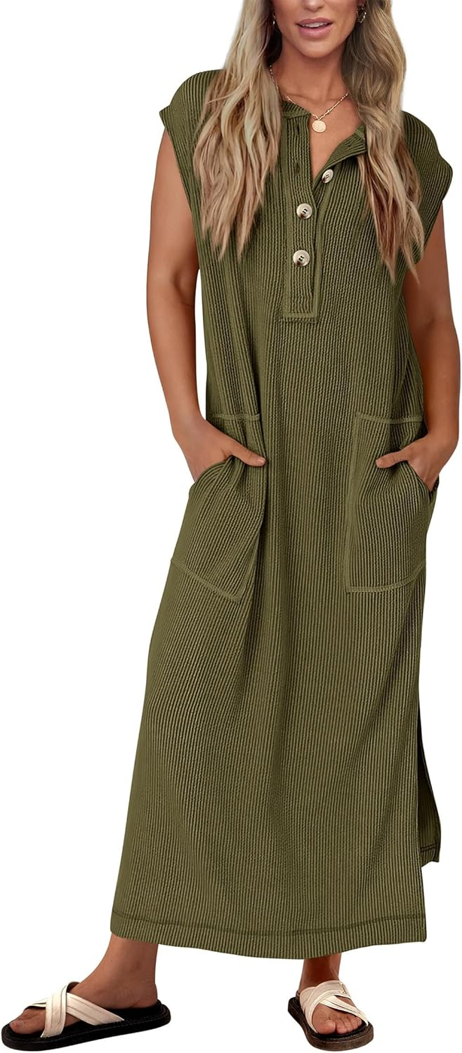 Women's  Ribbed Knit Henley Button Up Maxi Dress (Buy 2 Free Shipping)