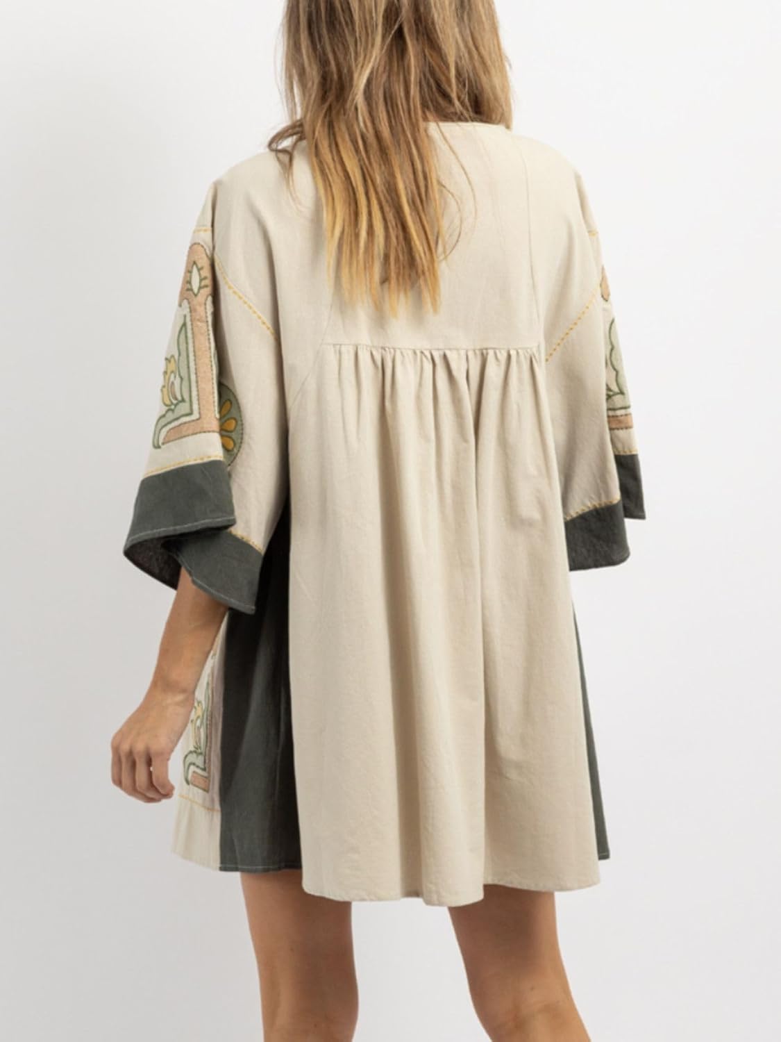 🌸Women's  V-Neck 3/4 Sleeves Loose Fit Vintage Embroidered Dress(Buy 2 Free Shipping)