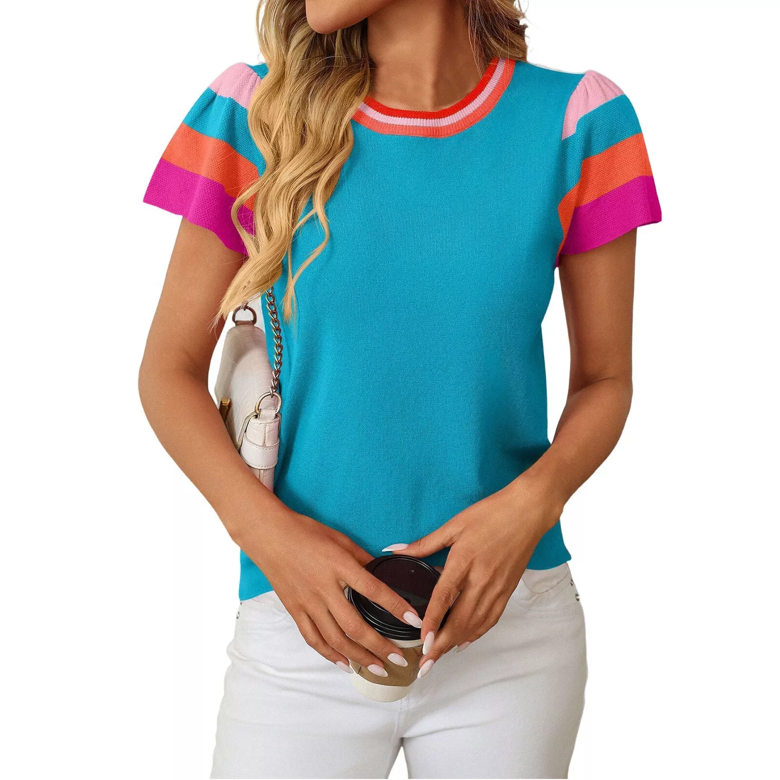 Women's Crew-neck Knitted Top Color Sweet Short-sleeved Sweater(Buy 2 Free Shipping)