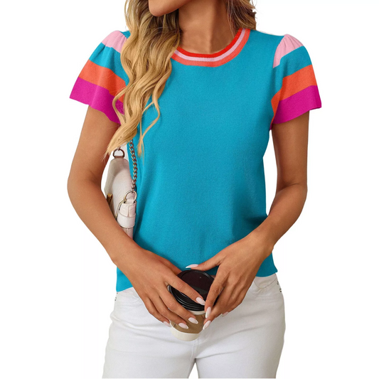 Women's Crew-neck Knitted Top Color Sweet Short-sleeved Sweater(Buy 2 Free Shipping)