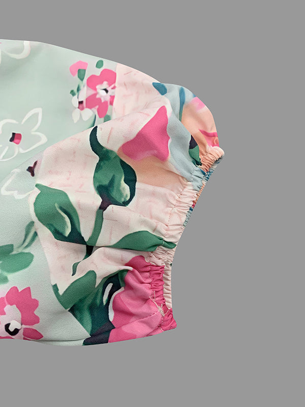 Half Sleeves Loose Flower Print Polka-Dot Round-Neck Midi Dresses