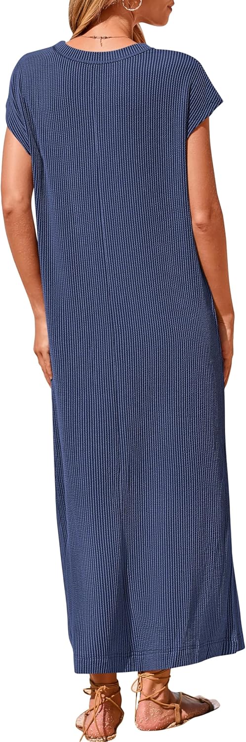 Women's  Ribbed Knit Henley Button Up Maxi Dress (Buy 2 Free Shipping)