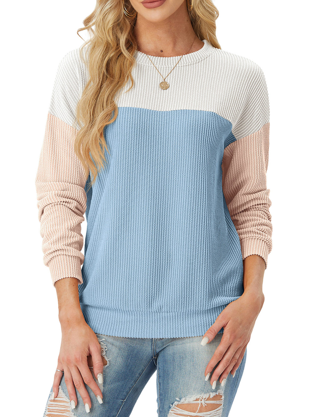 Women's Color Block Long Sleeve Crewneck Ribbed Tops (Buy 2 Free Shipping)