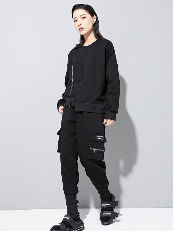 Casual Loose Long Sleeves Asymmetric Solid Color Zipper Round-Neck Sweatshirt Tops