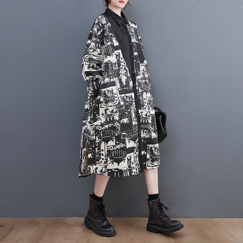 Vintage Print Lapel Long Sleeve Coat