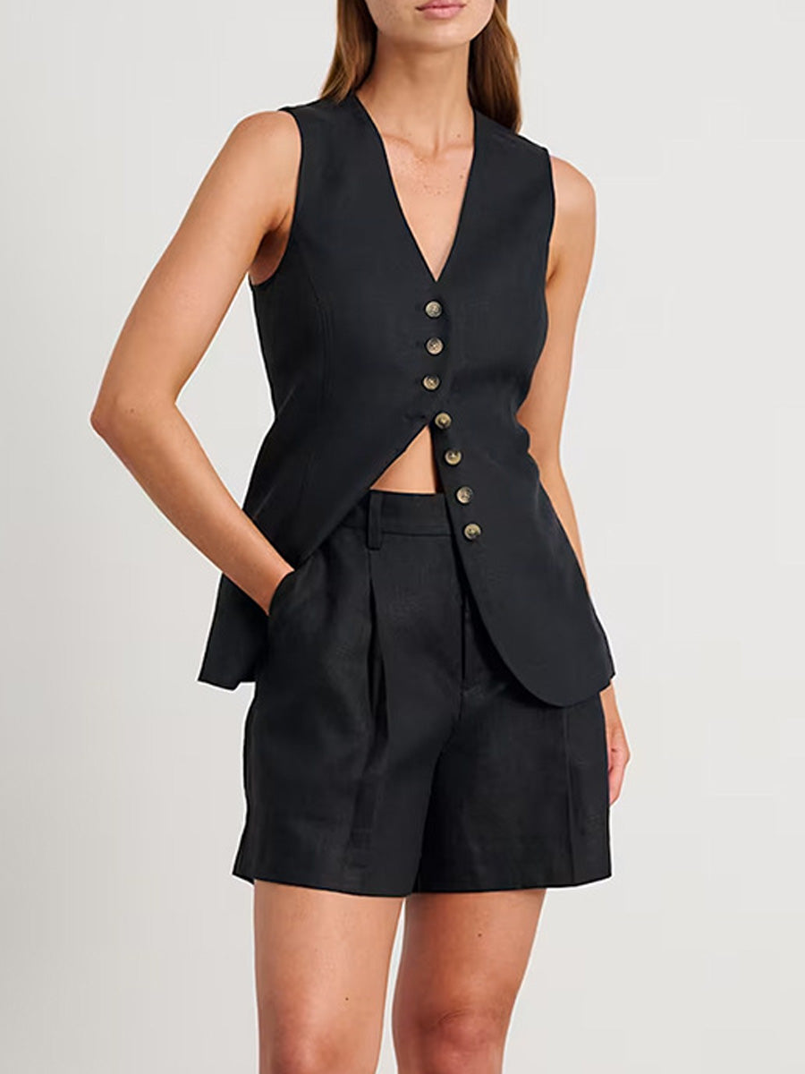 Fashion Solid Color Vest & Shorts Casual Suit