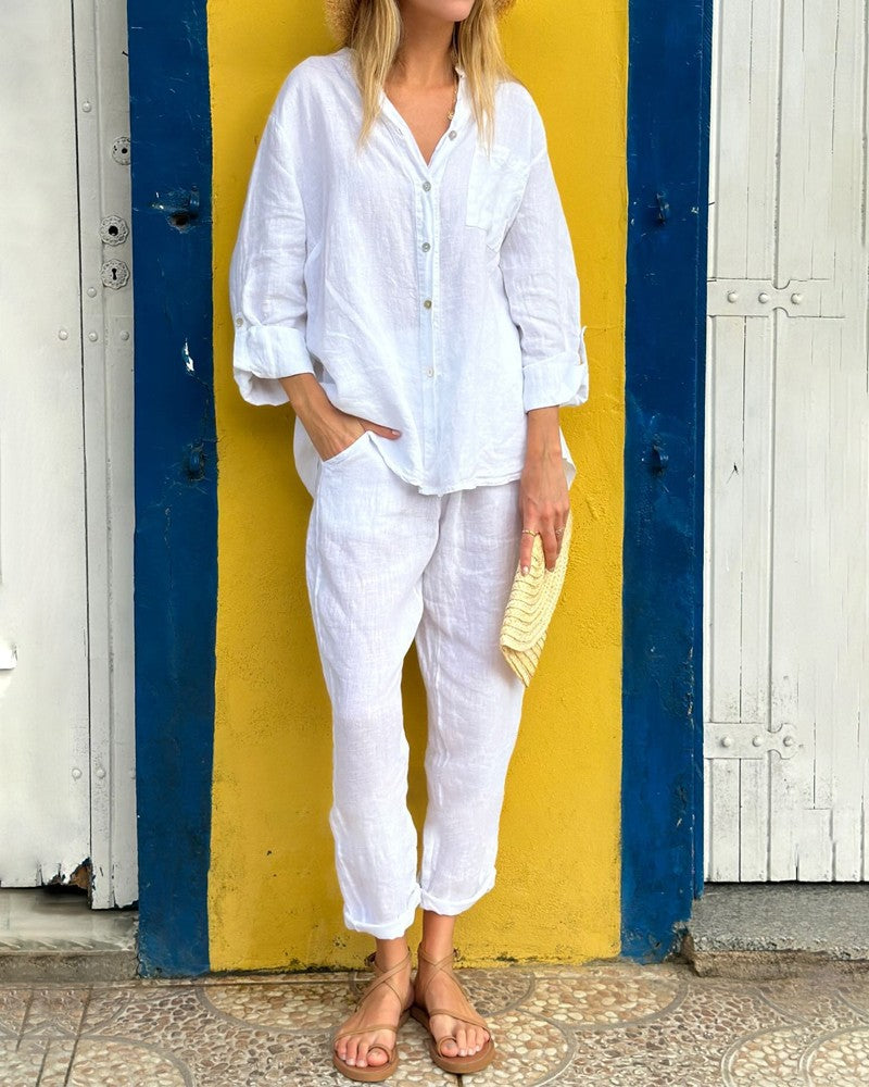 Casual Solid Color Shirt & Pants Two-piece Set