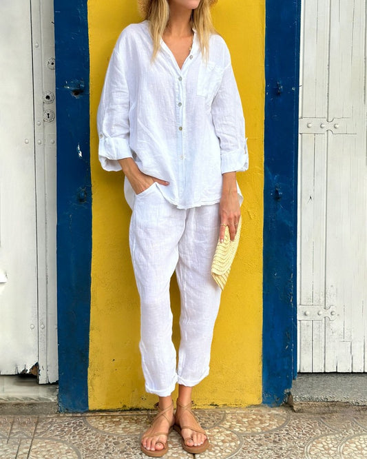 Casual Solid Color Shirt & Pants Two-piece Set