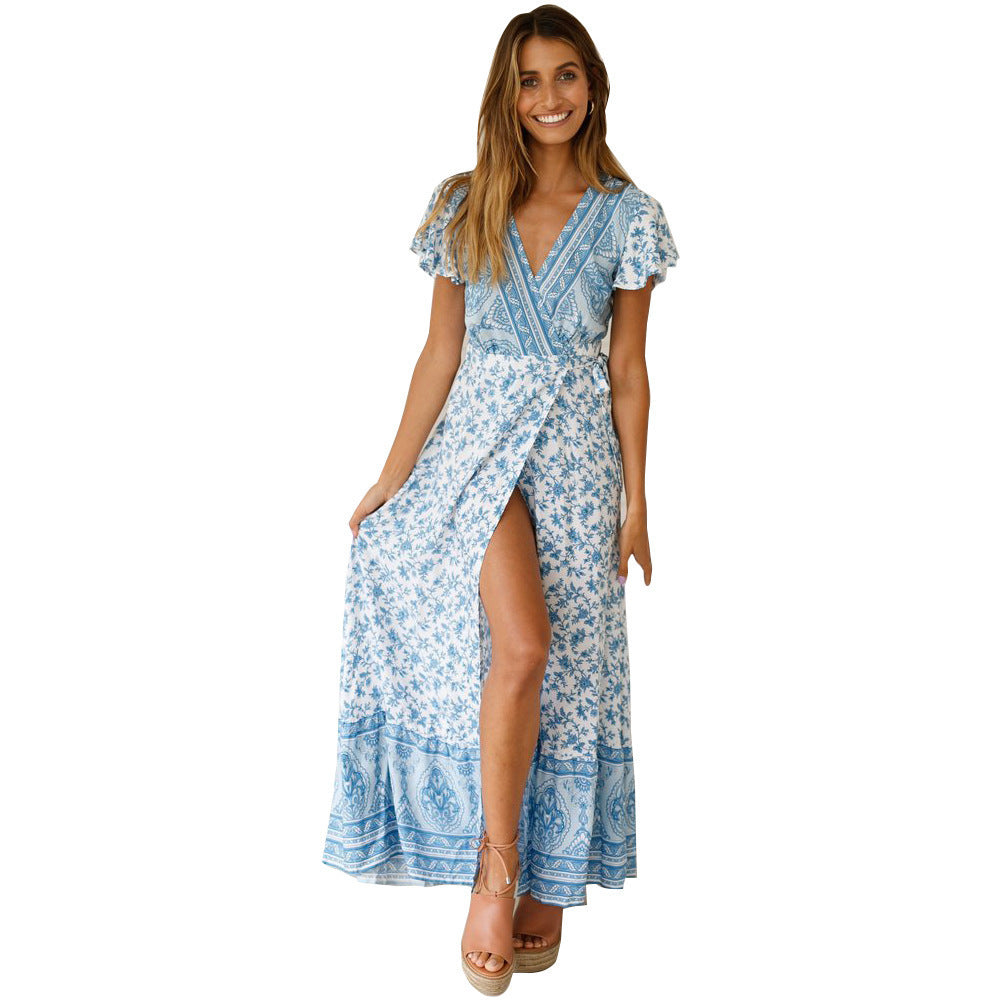 Summer V-Neck Bohemian Vacation Printed Dress Long Dress Spot