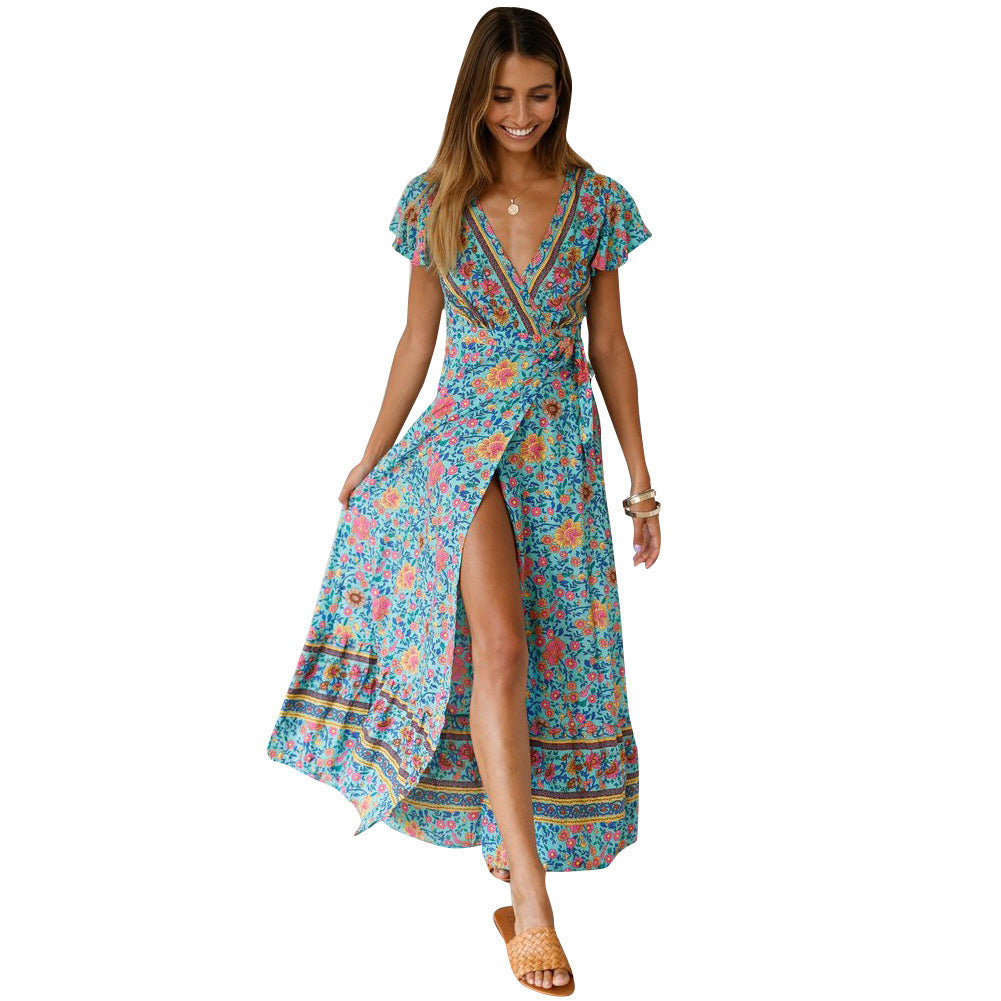 Summer V-Neck Bohemian Vacation Printed Dress Long Dress Spot