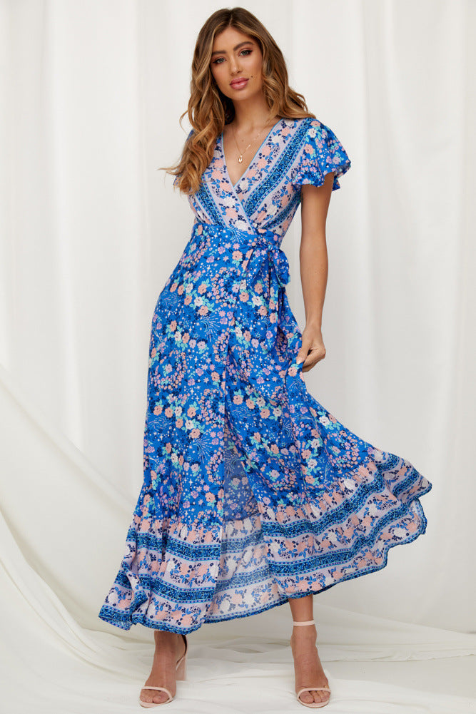 Summer V-Neck Bohemian Vacation Printed Dress Long Dress Spot