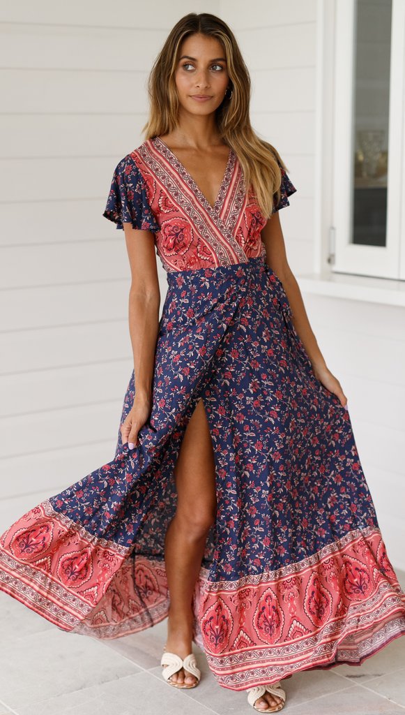 Summer V-Neck Bohemian Vacation Printed Dress Long Dress Spot