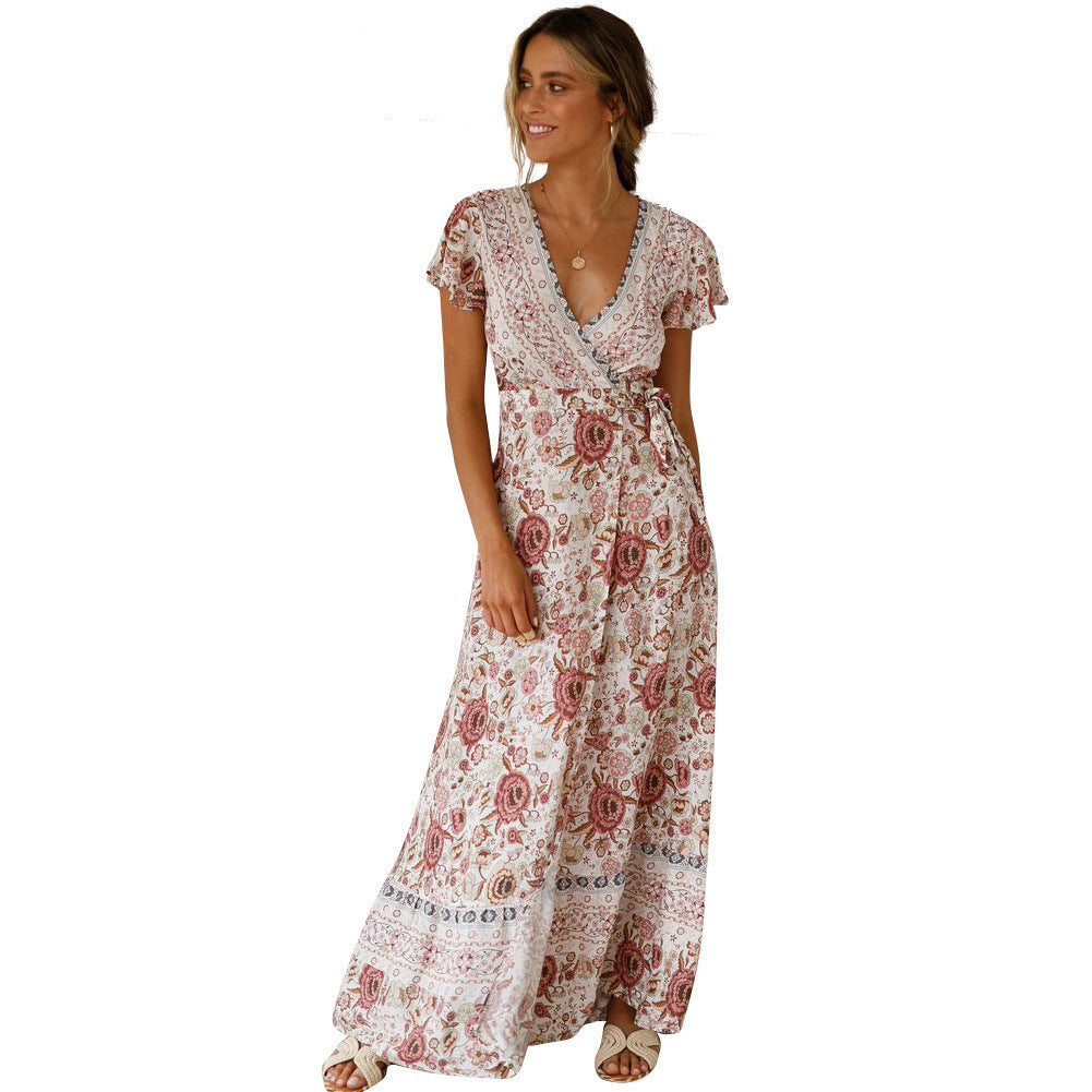 Summer V-Neck Bohemian Vacation Printed Dress Long Dress Spot