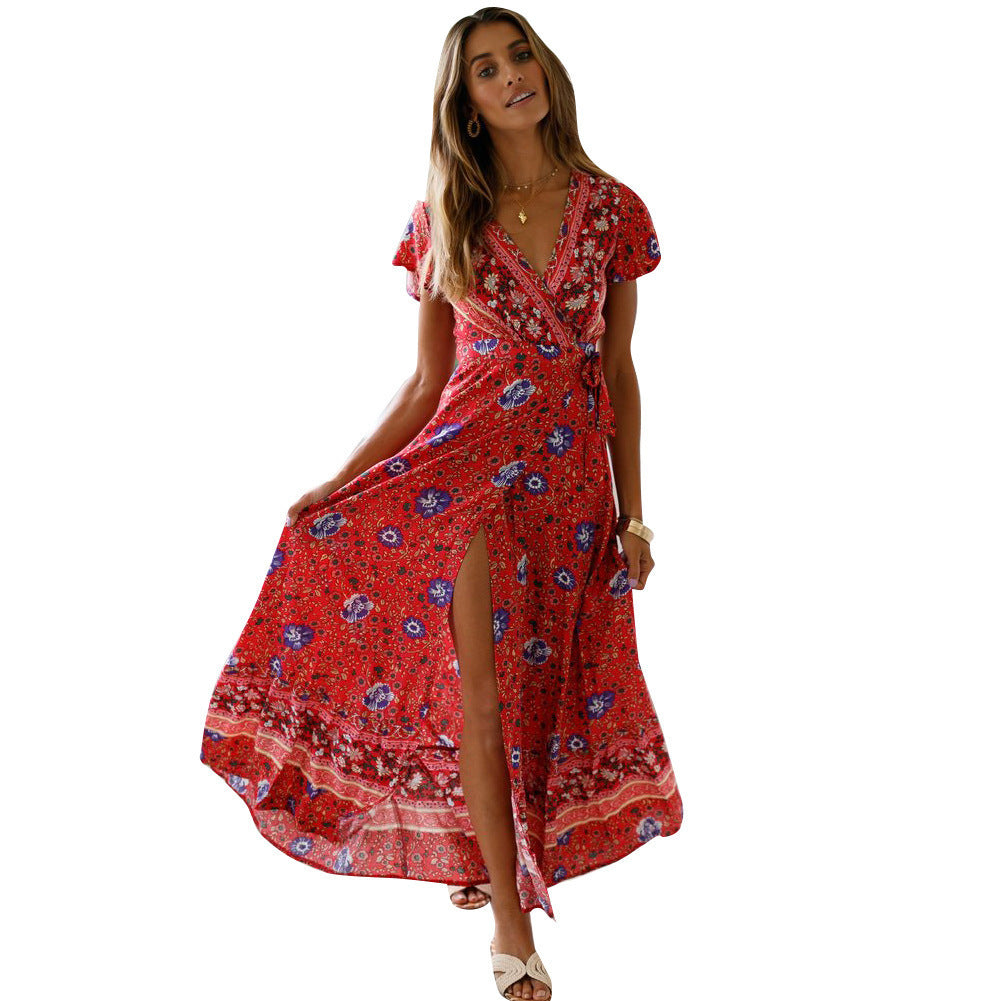 Summer V-Neck Bohemian Vacation Printed Dress Long Dress Spot