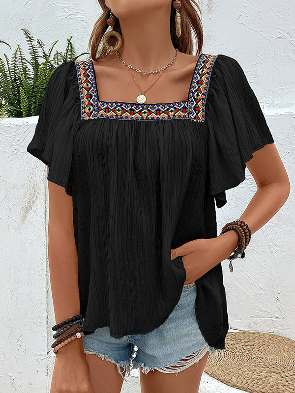 High-Low Loose Embroidered Pleated Square-Neck T-Shirts Tops