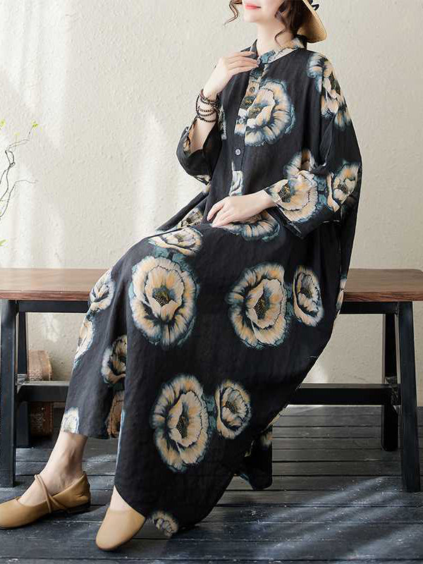 Loose Three-quarter Sleeves Buttoned Flower Print Stand Collar Midi Dresses