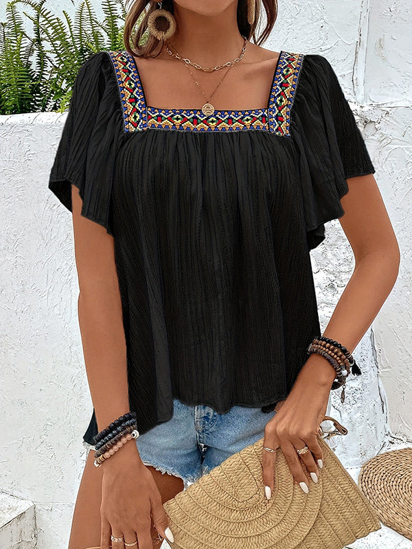 High-Low Loose Embroidered Pleated Square-Neck T-Shirts Tops