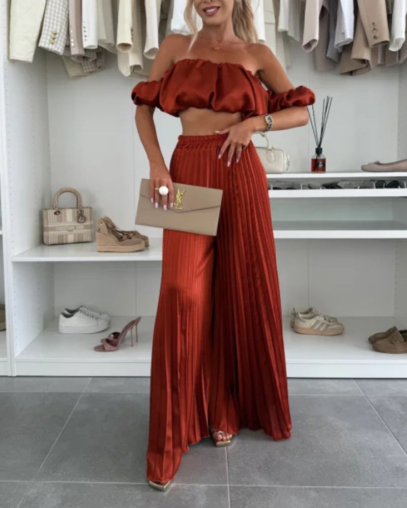 Solid Color Strapless Pleated Trousers Set