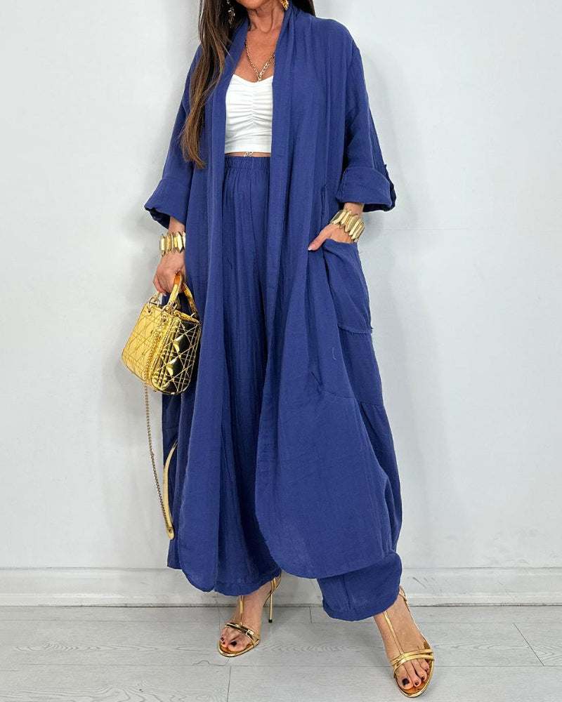 Casual Long Cardigan & Pants Two-piece Set