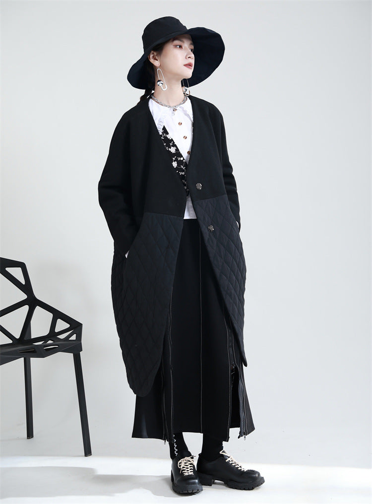 Niche Design Splicing V-Neck Cotton Coat
