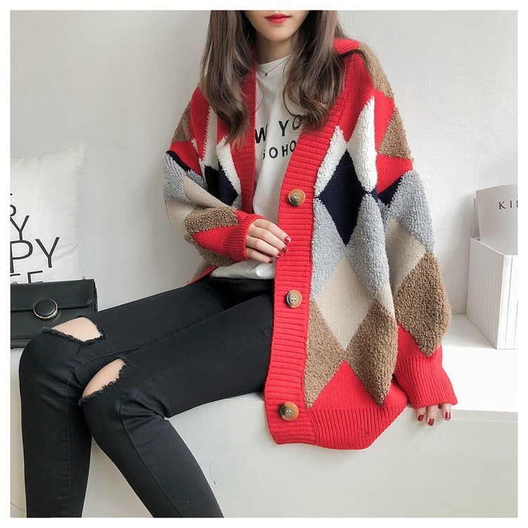 Literary Rhombus Plaid Sweater Outerwear