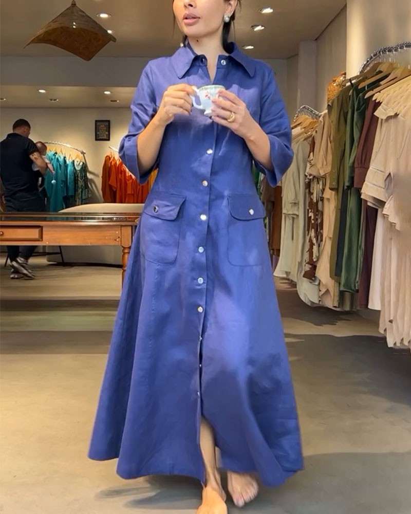 Cotton and linen buttoned three-quarter sleeve dress