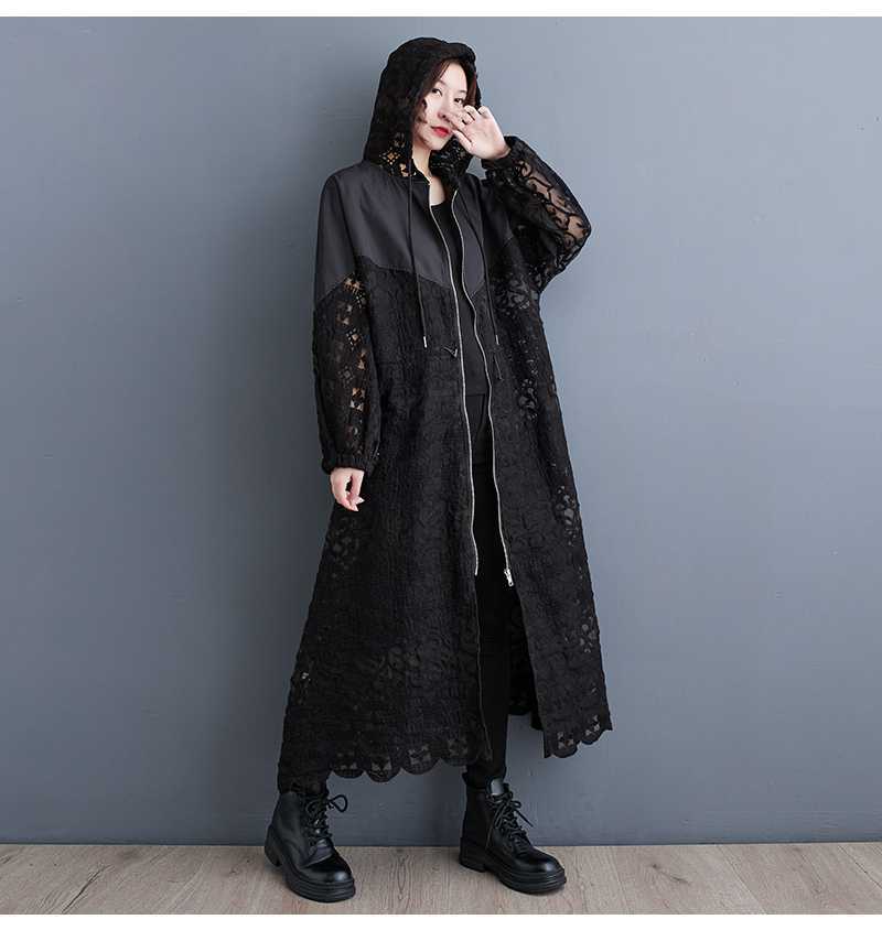 Casual Spliced Hollow Lace Hooded Trench Coat