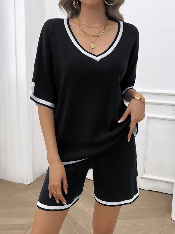Half Sleeves Loose Contrast Color V-Neck T-Shirt Top + Shorts Bottom Sweater Two Pieces Set